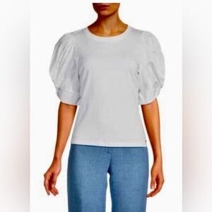 DKNY White Mixed Media Ruched Puff Sleeve Top Size Large